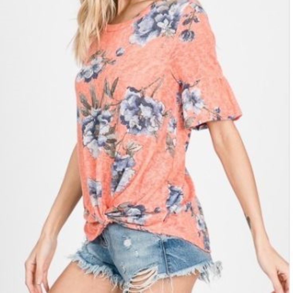 Coral Floral Ruffled Sleeved Blouse